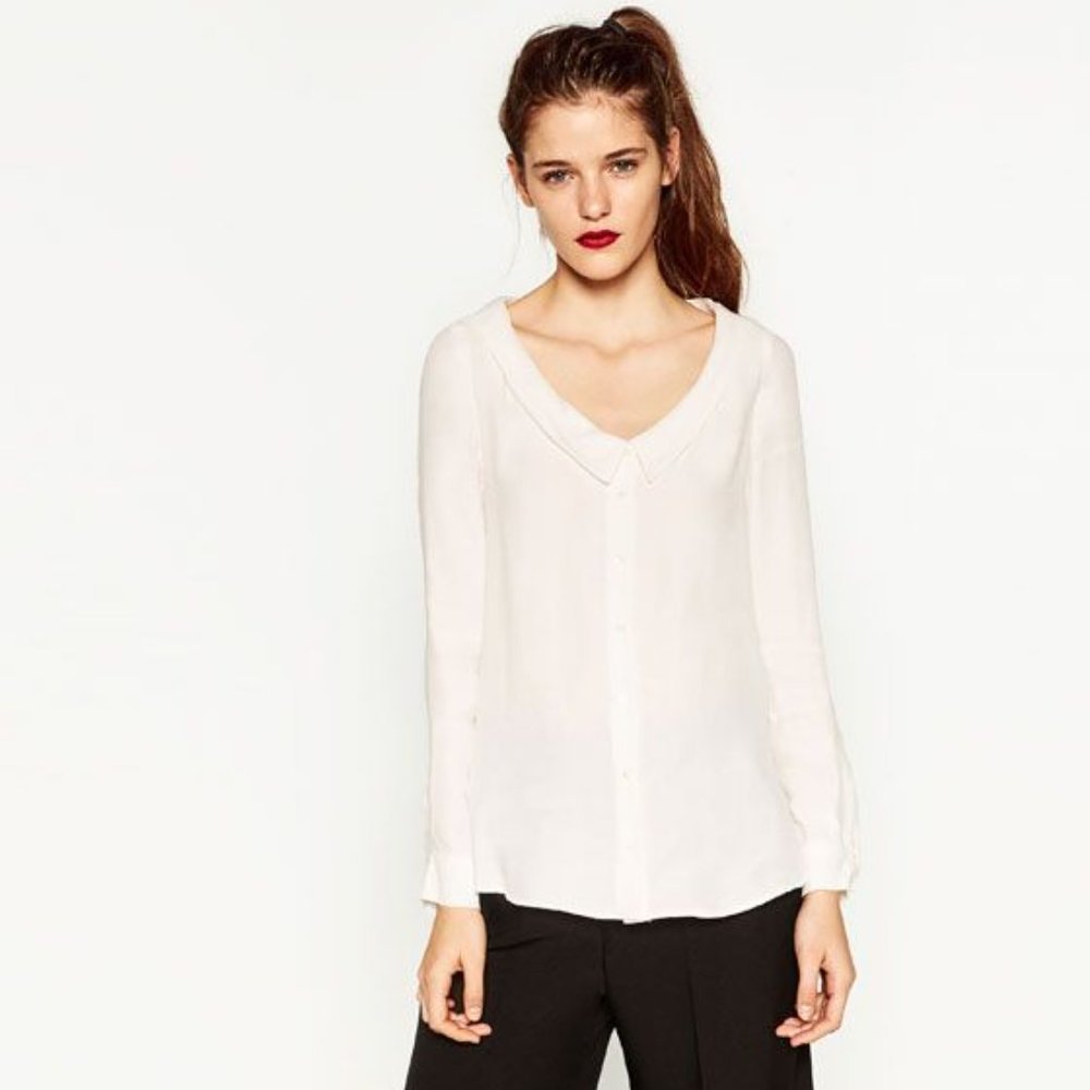 Zara Plunging Neckline Blouse Ecru Size Medium